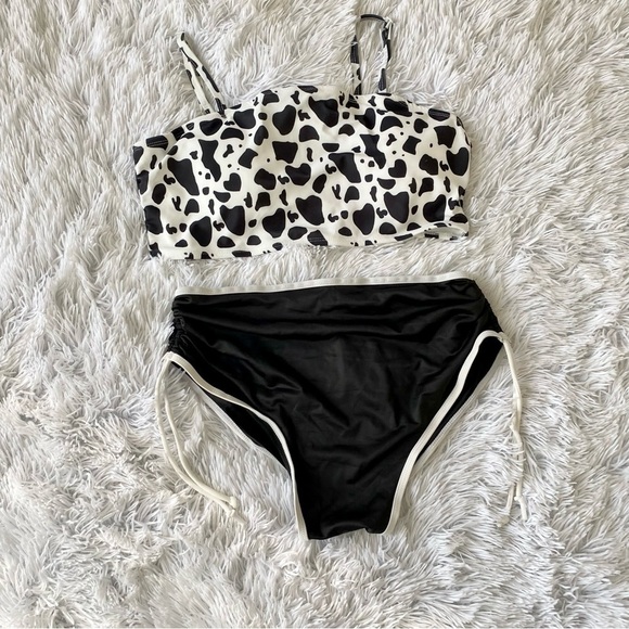 NWOT Cow Print High Waisted Bandeau Scrunch Bottom Bikini Black White - Picture 4 of 13